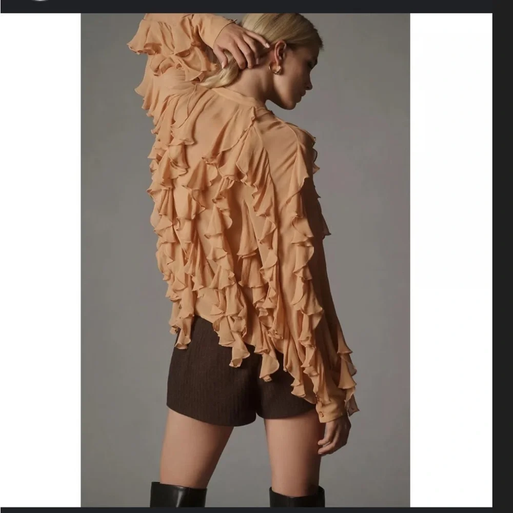 Anthropologie ruffle front peach button down blouse size L - Picture 2 of 4